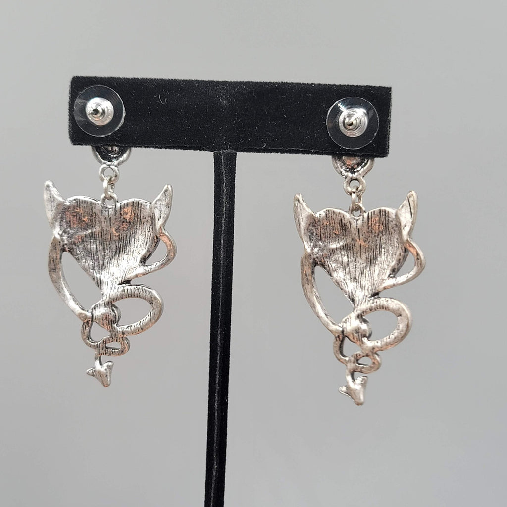 Devil Heart Pierced Earrings Red Enamel Crystal Silver tone Dangle 2 3/8"