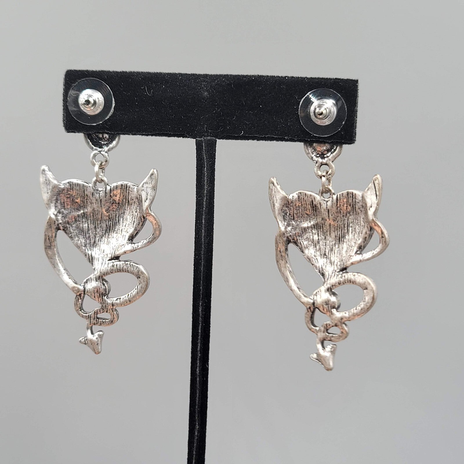 Devil Heart Pierced Earrings Red Enamel Crystal Silver tone Dangle 2 3/8"