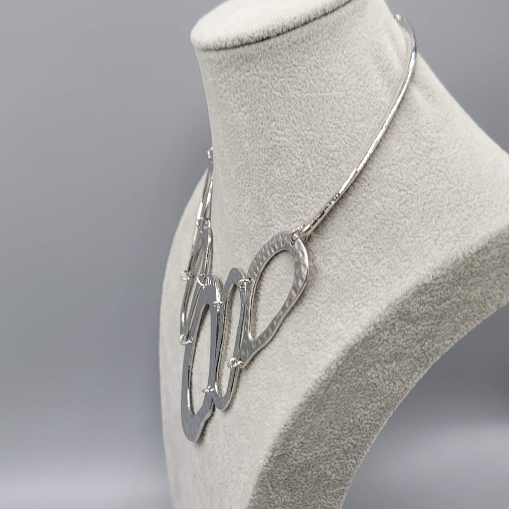 Statement Bib Hammered Silver tone Necklace 14"-18"