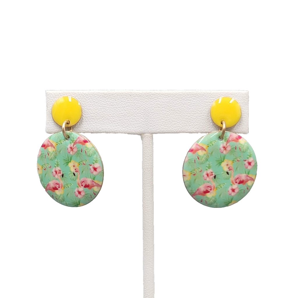 Pink Flamingo Pierced Earrings Yellow Enamel Round Dangle 1 3/8 in
