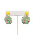 Pink Flamingo Pierced Earrings Yellow Enamel Round Dangle 1 3/8 in