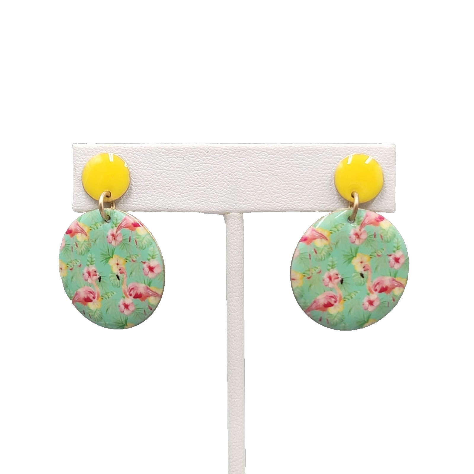 Pink Flamingo Pierced Earrings Yellow Enamel Round Dangle 1 3/8 in