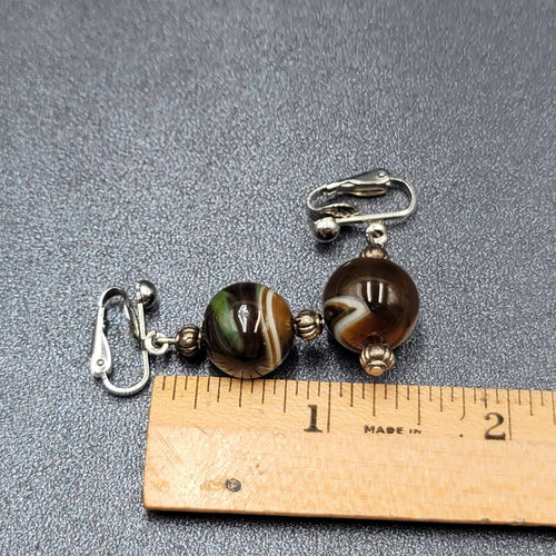 Clip on Earrings Silver tone Slag Glass Marble Bead Dangle 1"