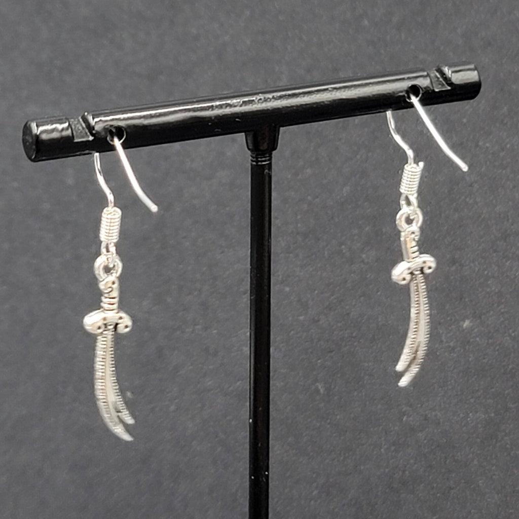 Pierced Earrings Scimitar Sword Silver tone Dangle 1"
