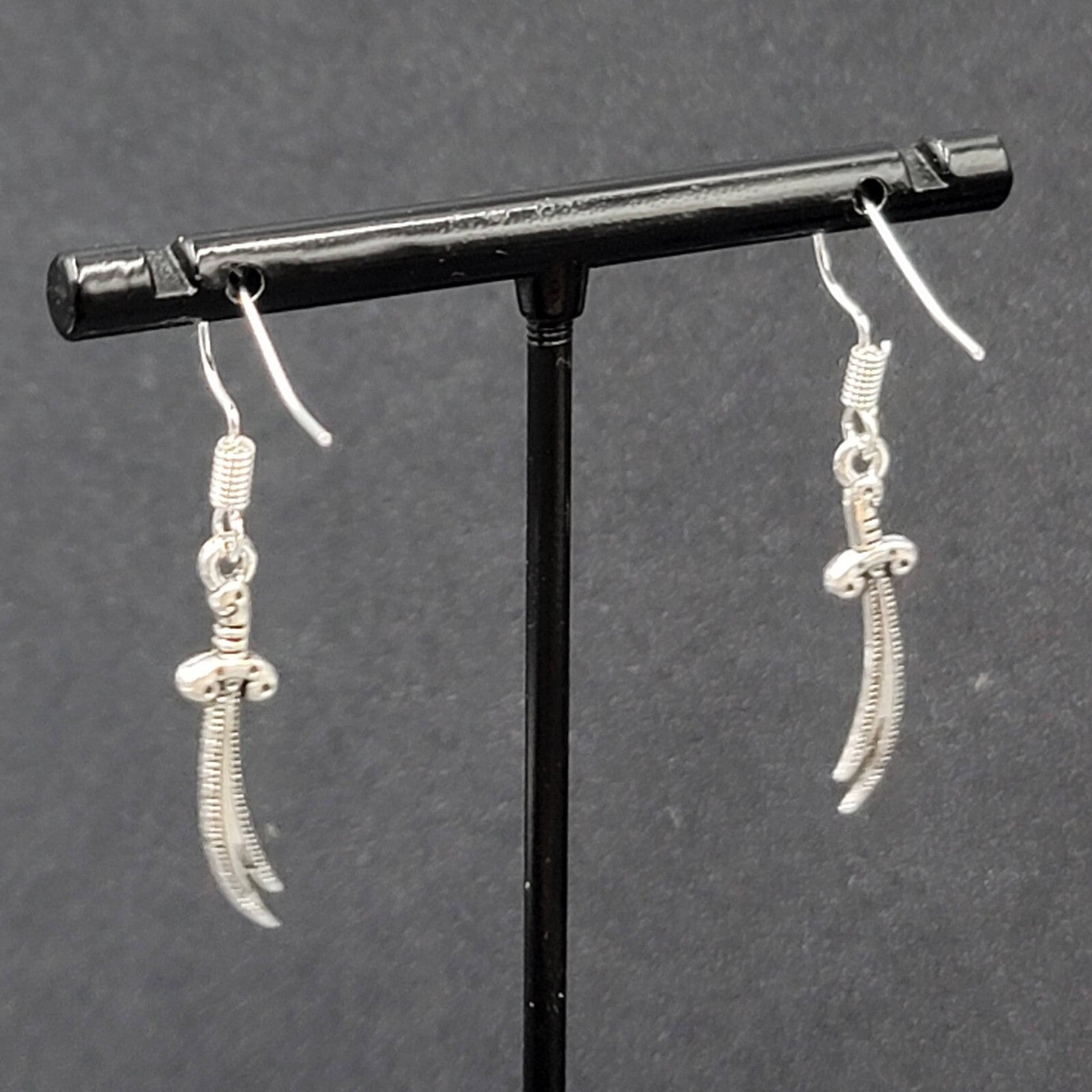 Pierced Earrings Scimitar Sword Silver tone Dangle 1"