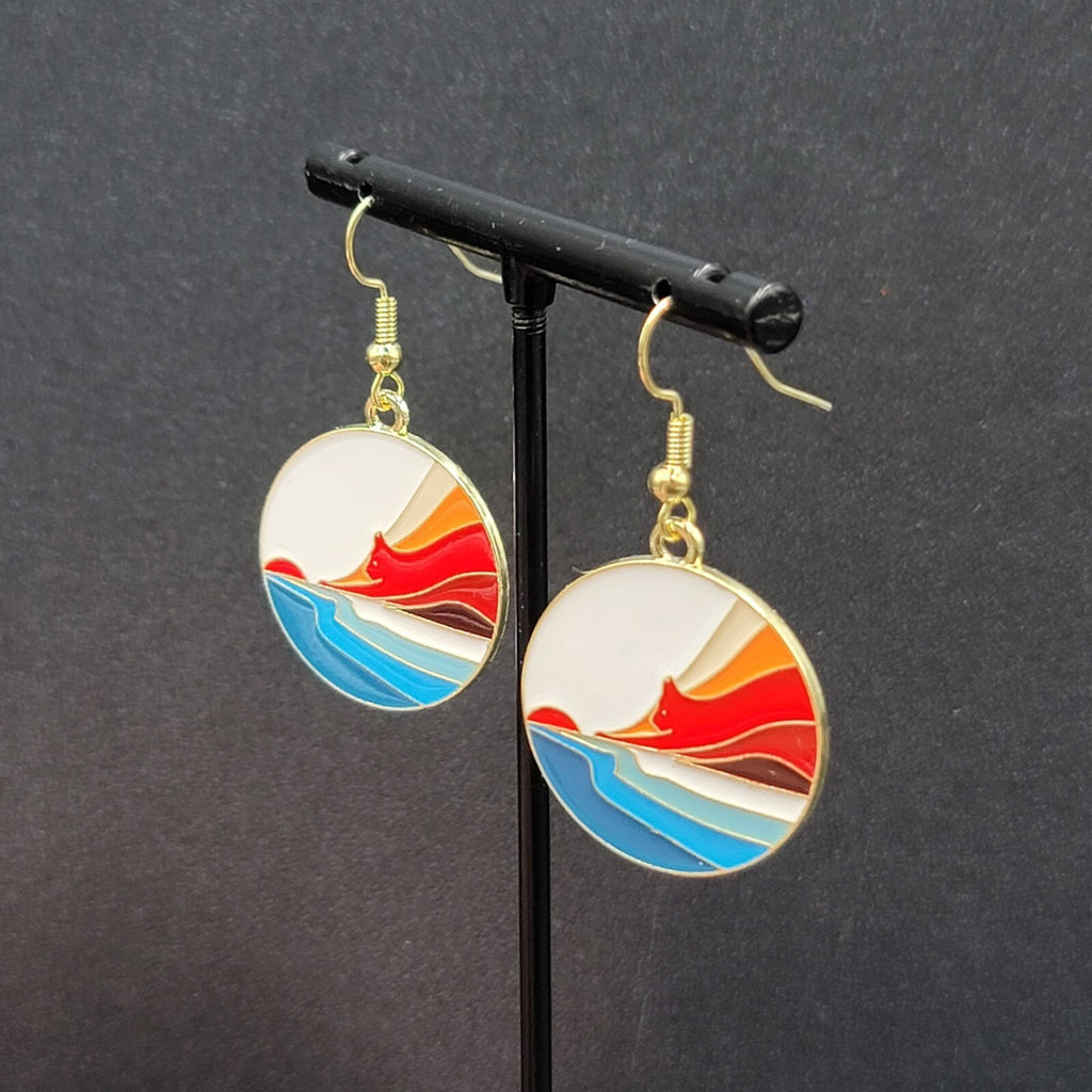 Kitty Cat Rising Sun Pierced Earrings Japanese Style Art Gold tone Dangle 1"