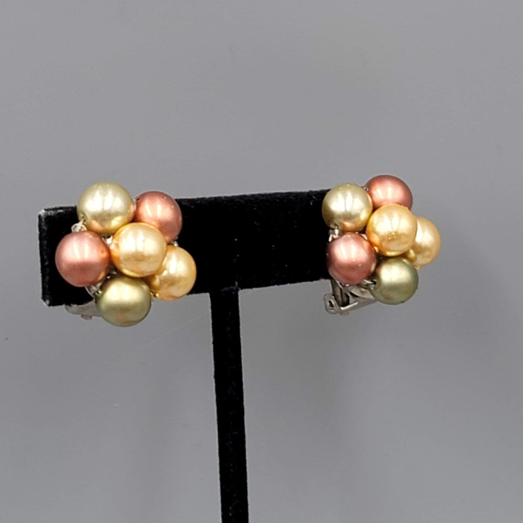 Vintage Cluster Clip on Earrings Green Gold tone Rose Bead 3/4"