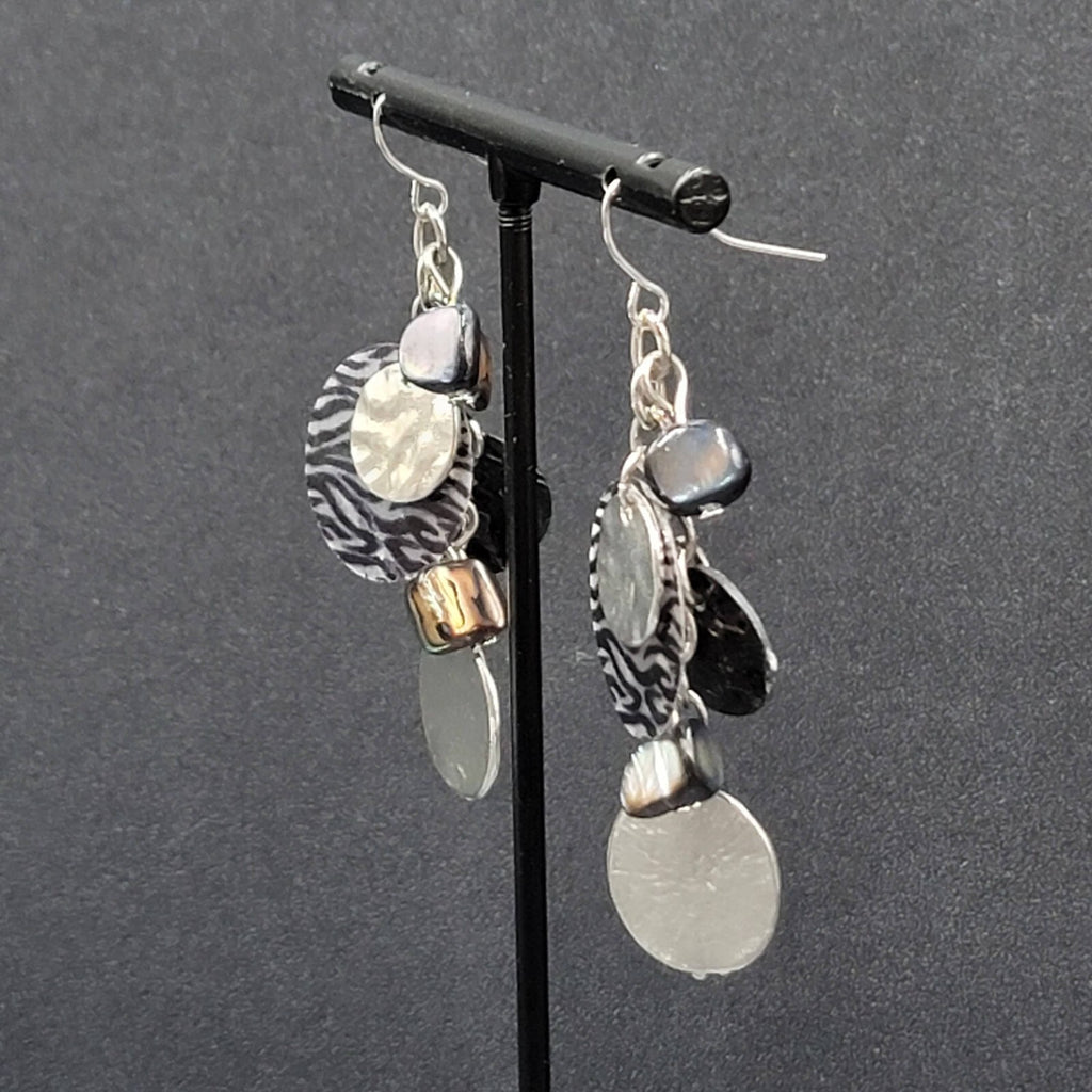 Pierced Earrings Silver tone Dangle Black Shell Beads 2"