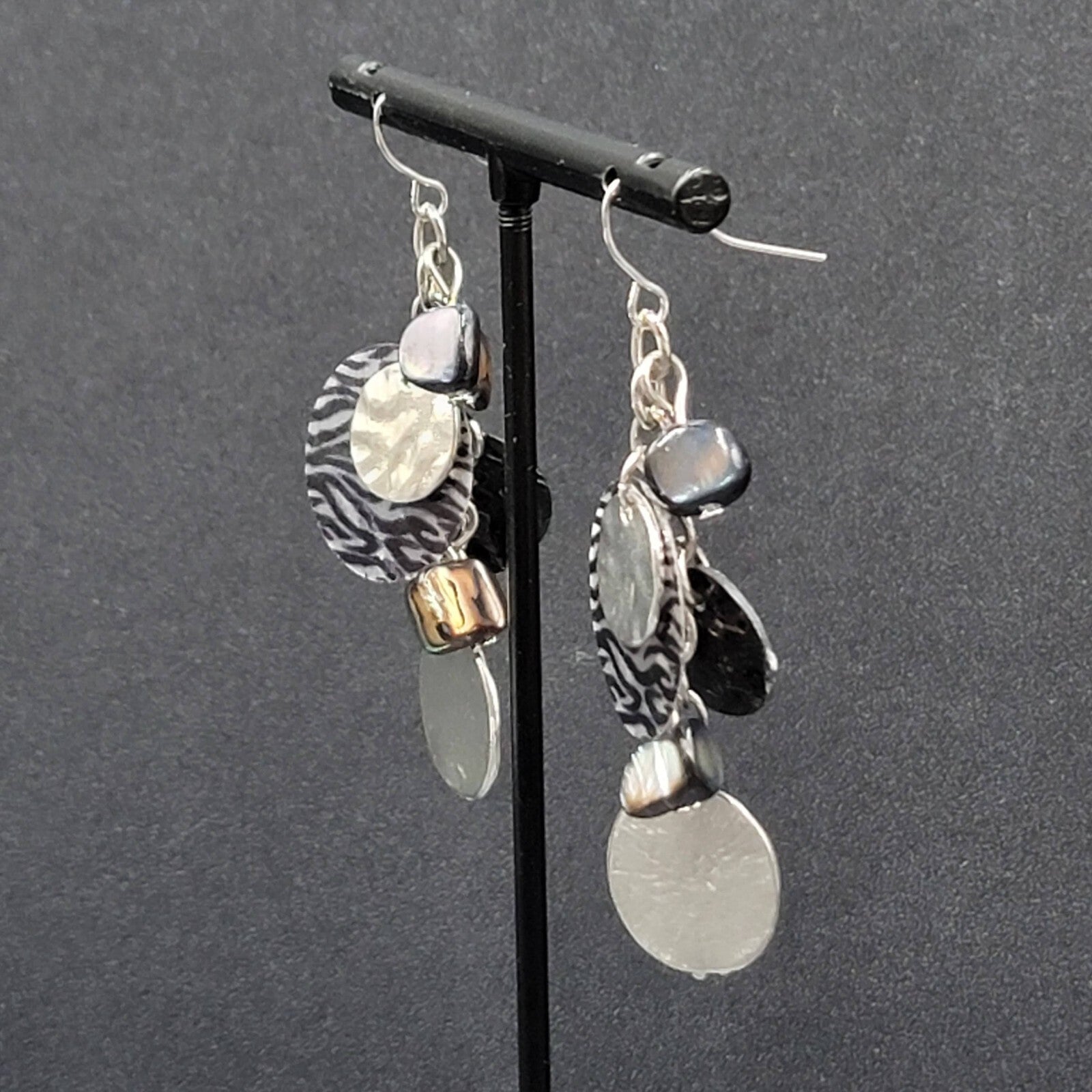 Pierced Earrings Silver tone Dangle Black Shell Beads 2"