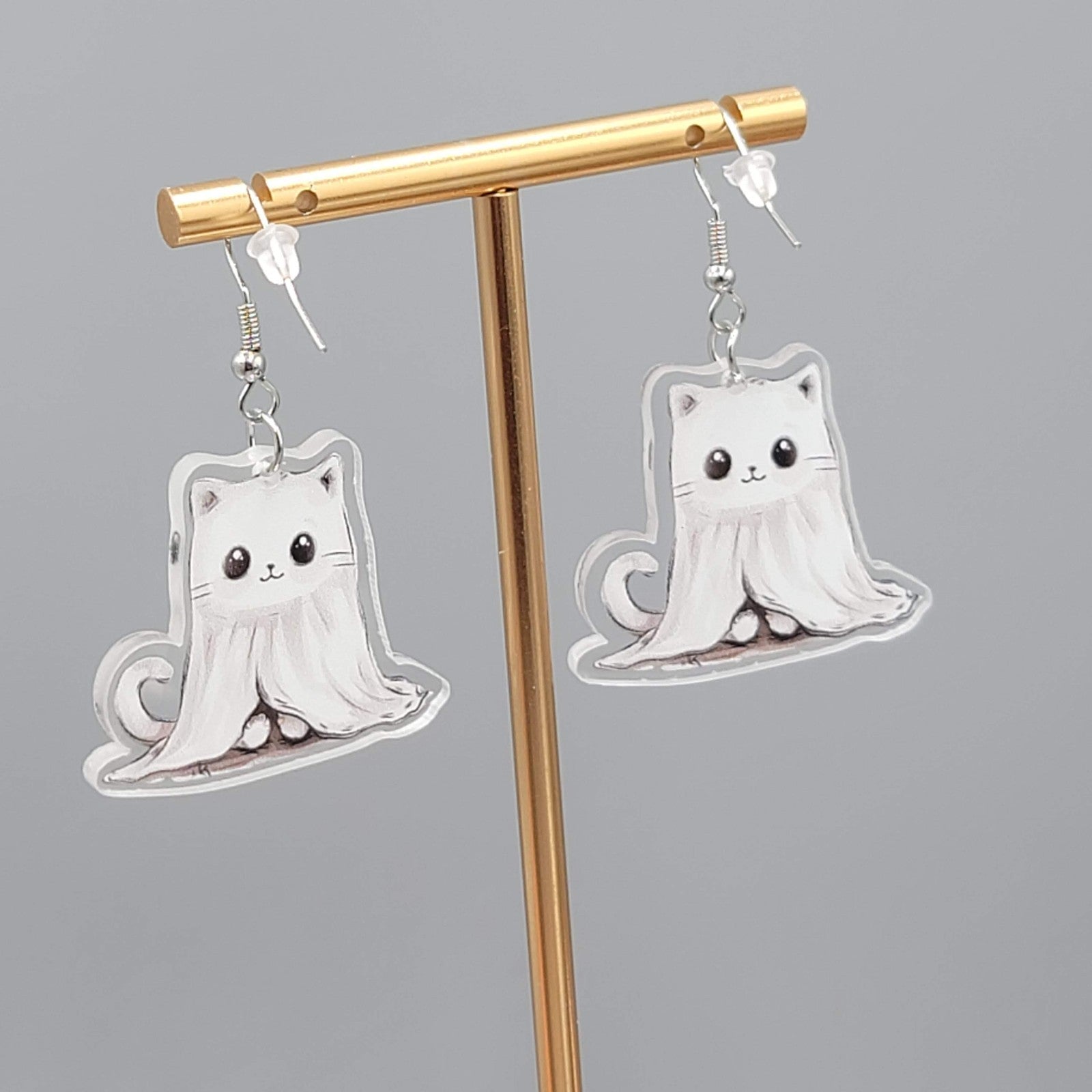 Halloween Ghost Kitty Cat Pierced Earrings Silver tone Dangle 1.5 in