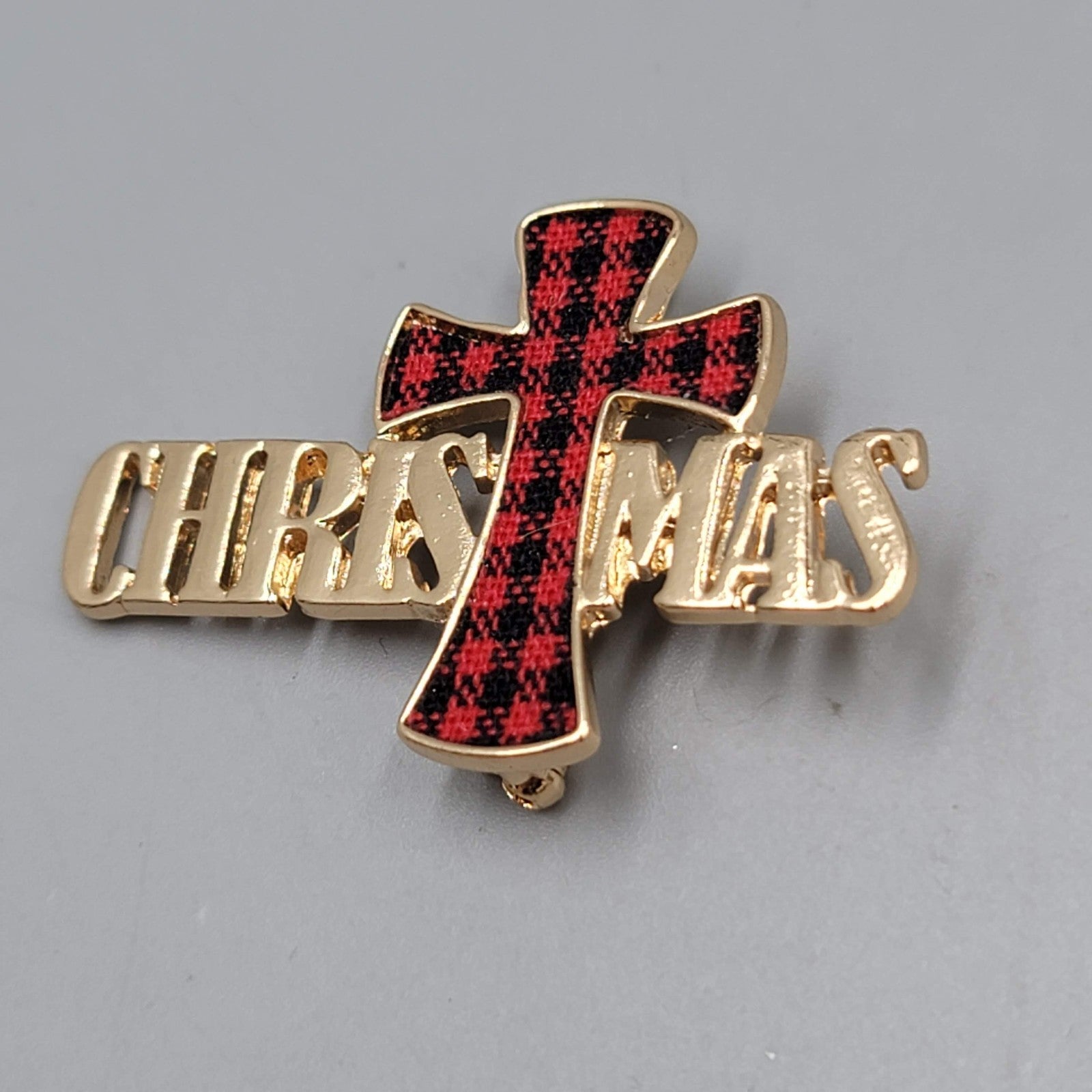 Vintage Christmas Brooch Plaid Flannel Cross Gold tone 2"