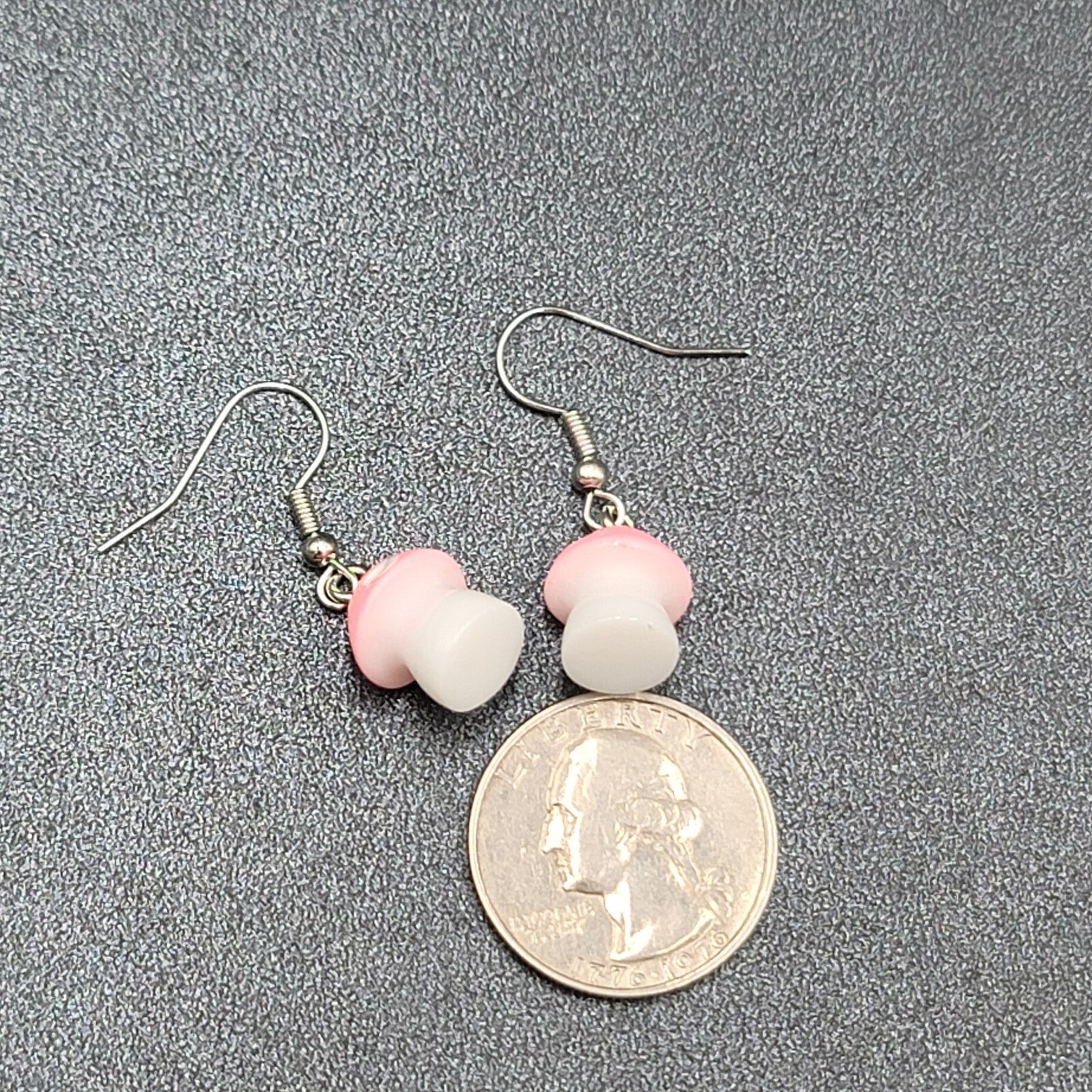 Pierced Earrings Pink White Polka Dot Mushroom Dangle  5/8"