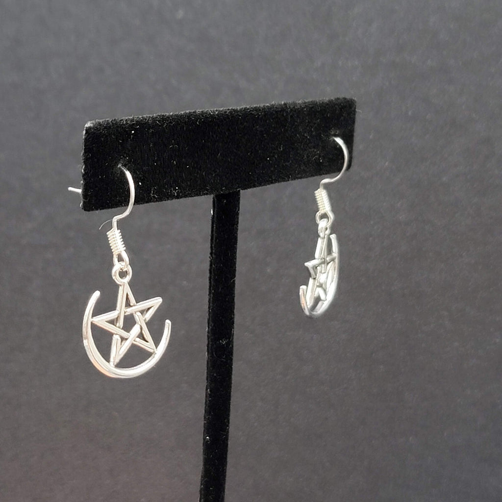 Pentagram Pierced Earrings Half Moon Star Silver tone Dangle 3/4"