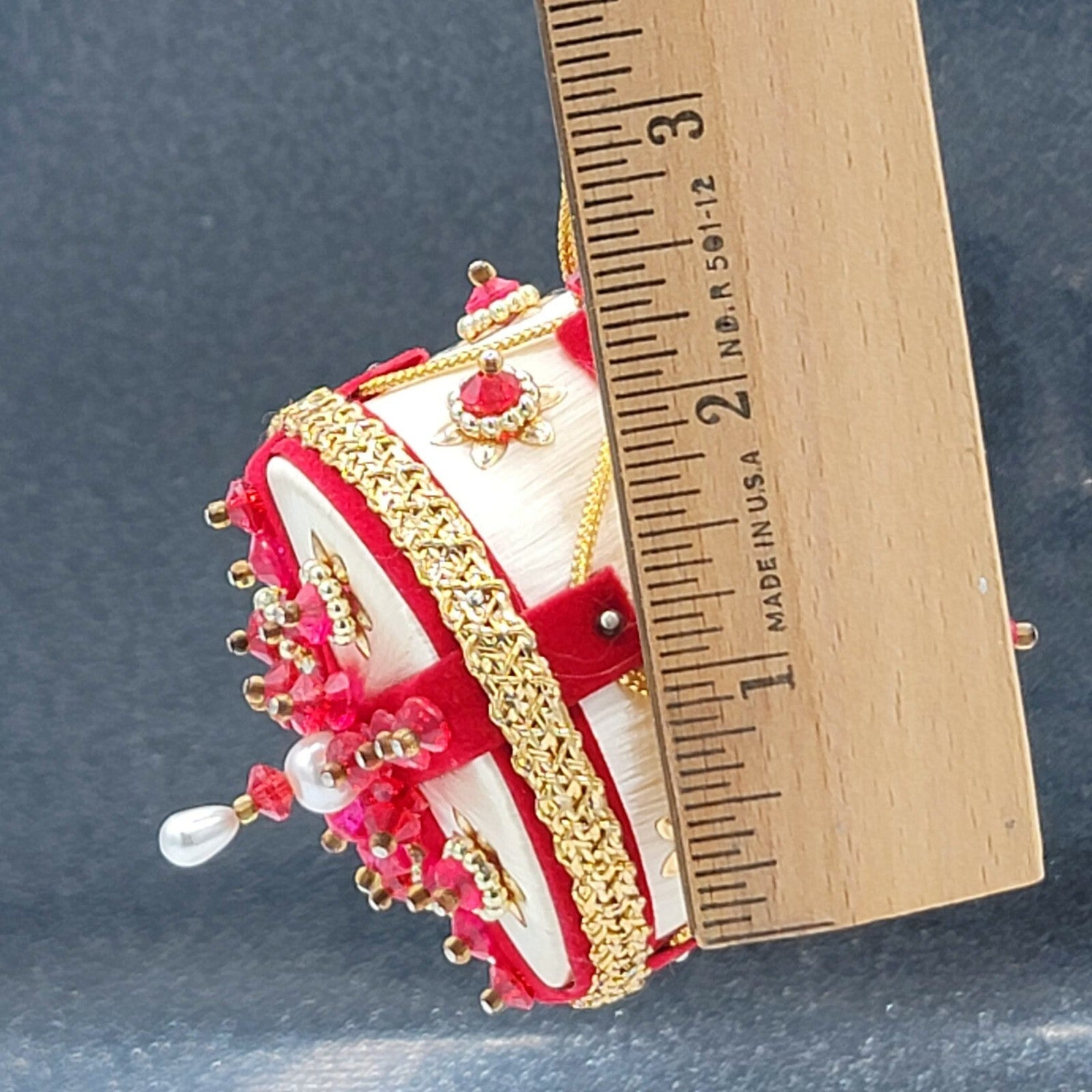 Vintage White Spun Satin Pearl Push Pin Christmas Ornament Velvet Ribbon Bead