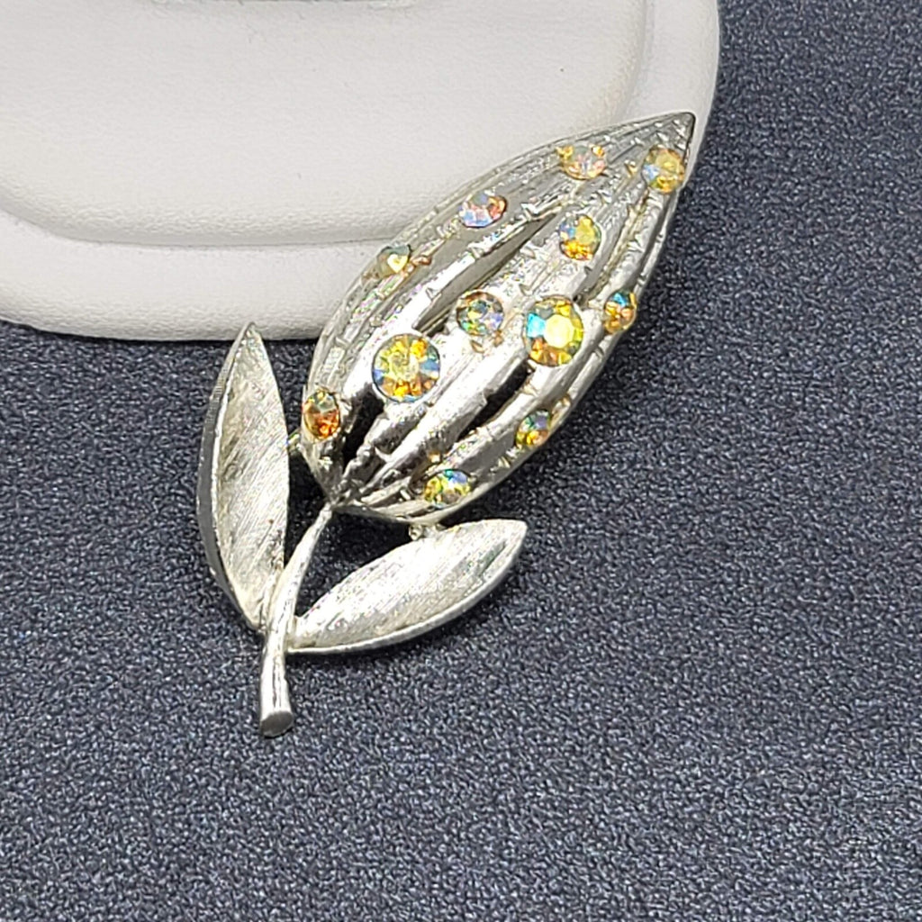 Vintage Flower Brooch Clip on Earrings Set Silver tone AB Rhinestone