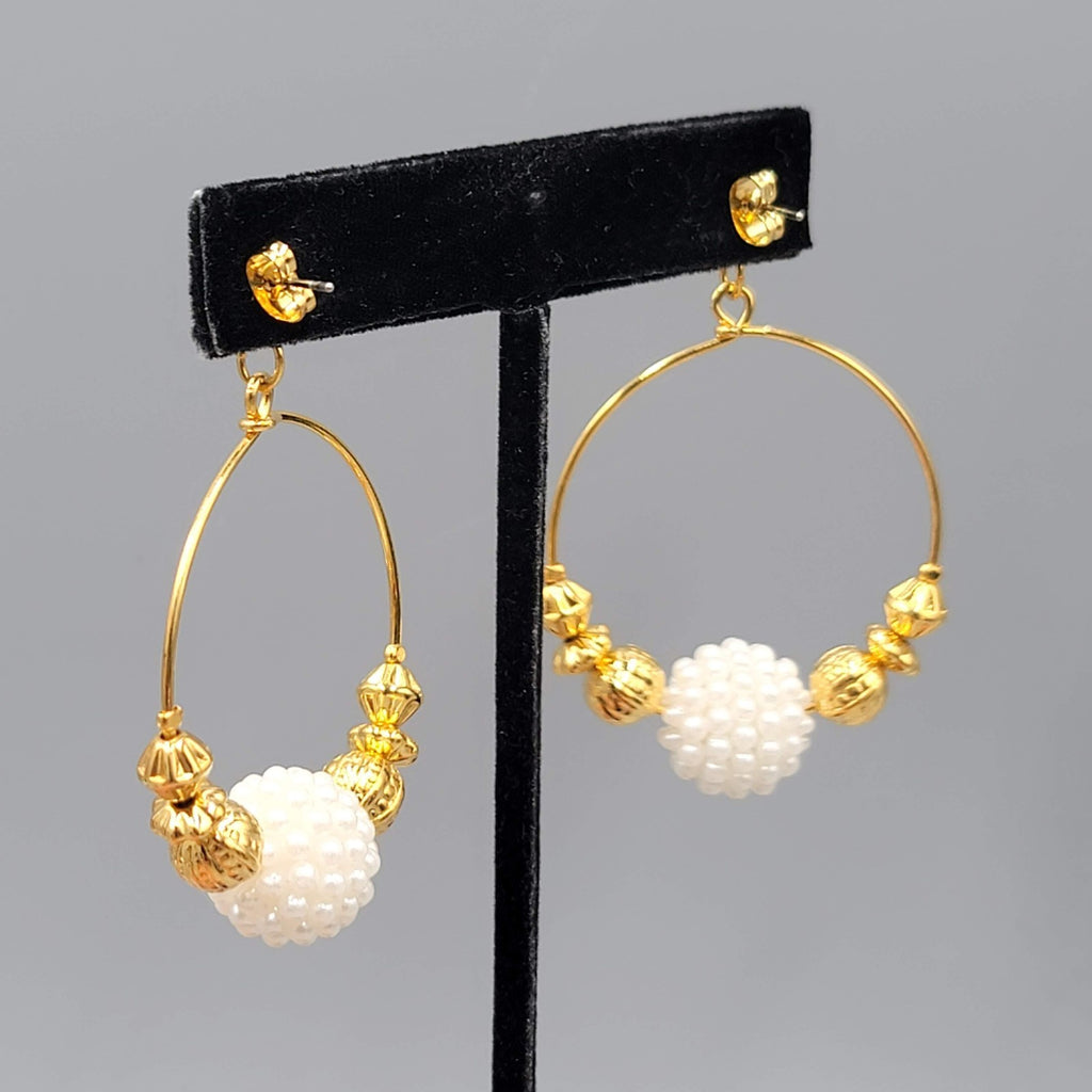 Beaded Hoops Pierced Earrings Gold tone Dangle 2"