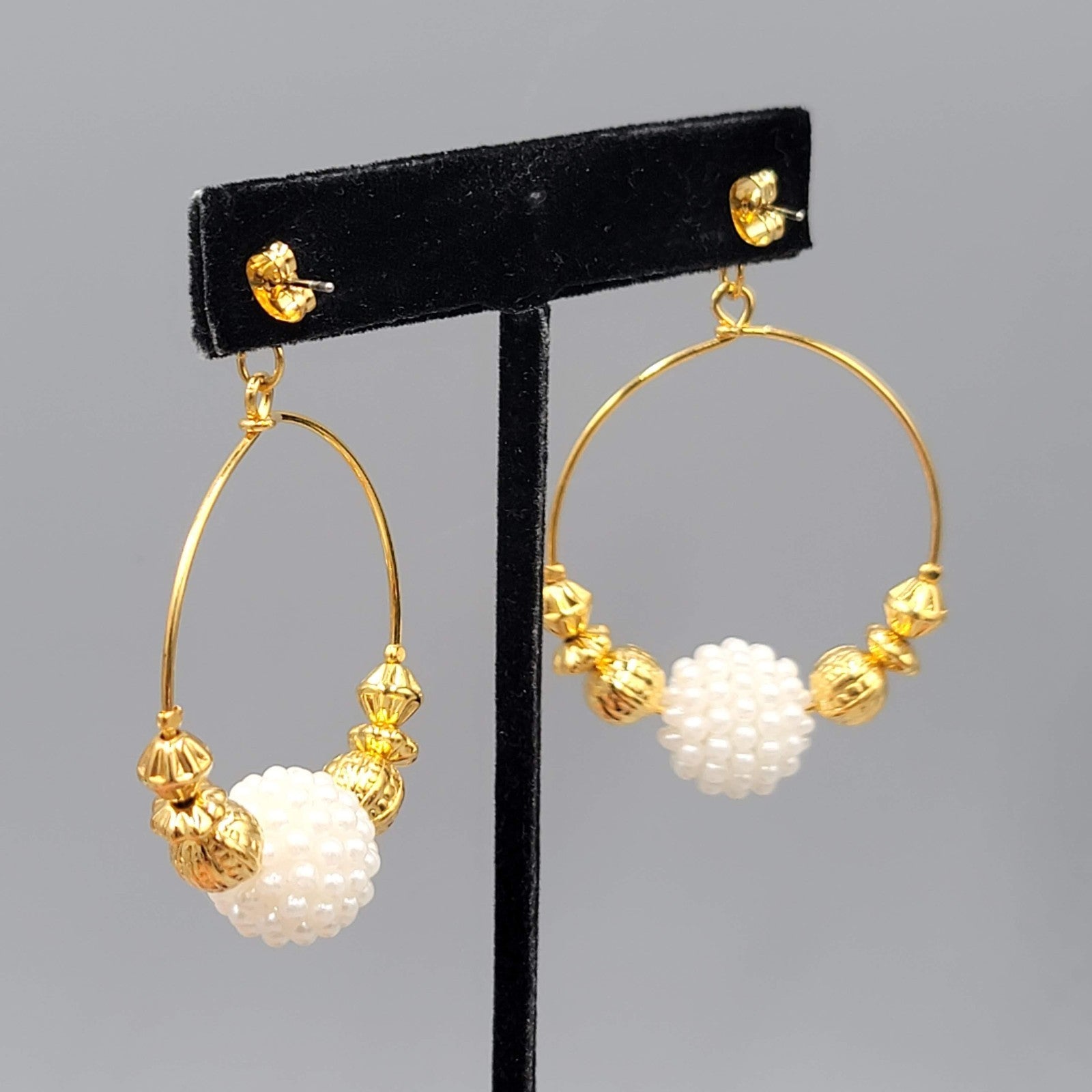 Beaded Hoops Pierced Earrings Gold tone Dangle 2"