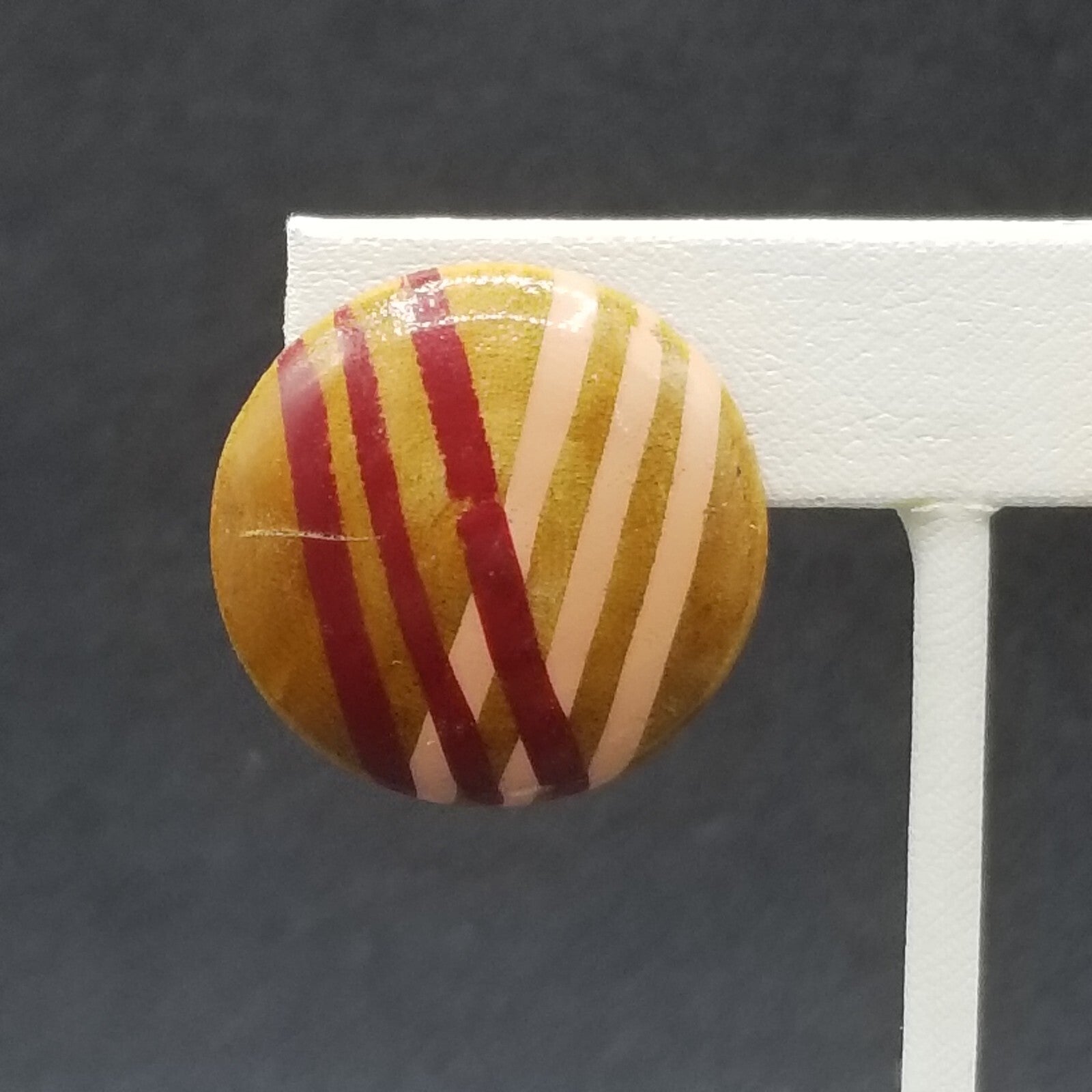 Vintage Clip on Earrings Pink Red Painted Wood Dome Button Statement Stud 1"
