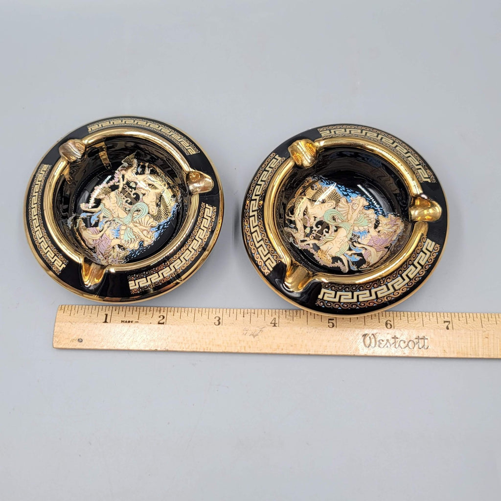 Greek Key Black Ceramic Ashtray Set of 2 24K Gold Hand Made in Greece Mythology