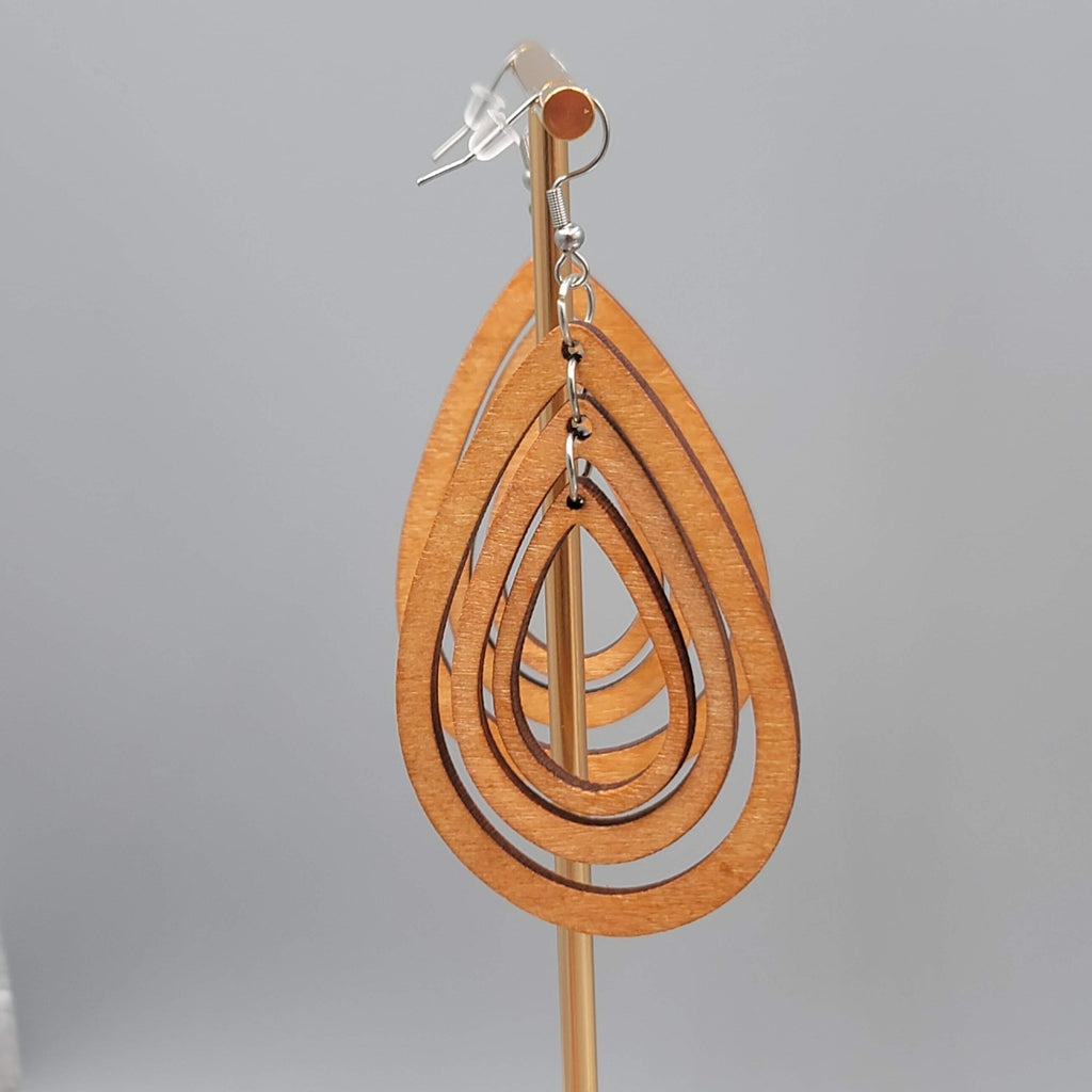 Wood Cut Large Boho Pierced Earrings Silver tone Dangle 2.75 in