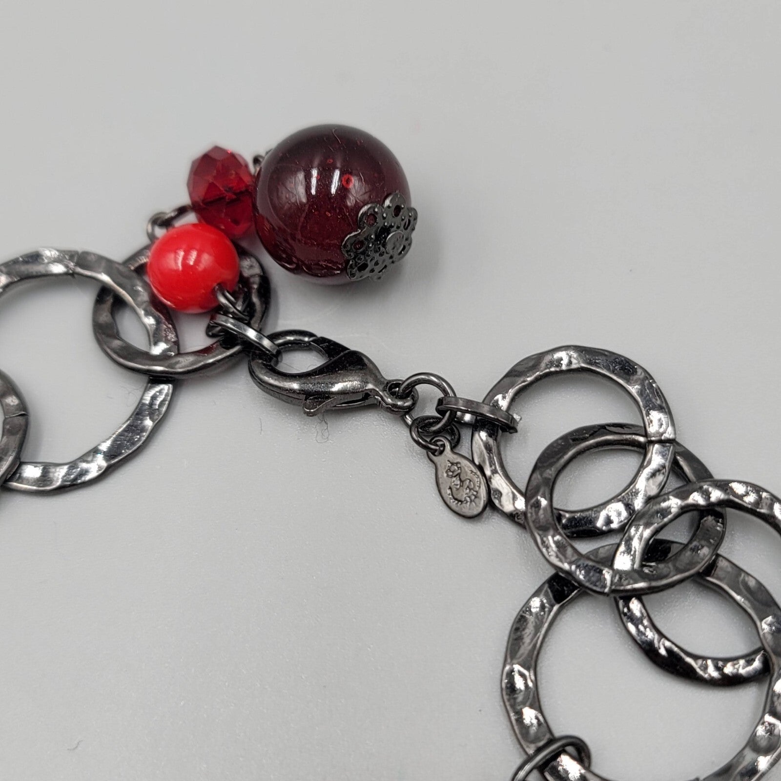 Premier Designs Necklace Black Metal Red Bead Statement Long 38"