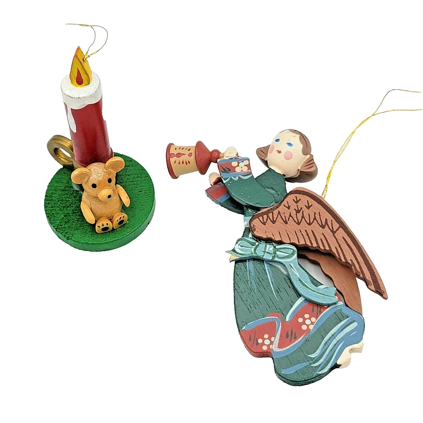 Wood Christmas Ornaments Lot of 2 Hand Painted Angel Trumpet Candle Teddy Bear