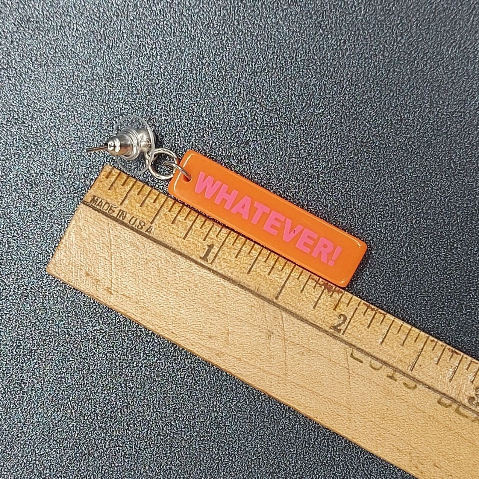 Pierced Earrings Acrylic SERIOUSLY WHATEVER Orange Dangle Words 1 3/8"