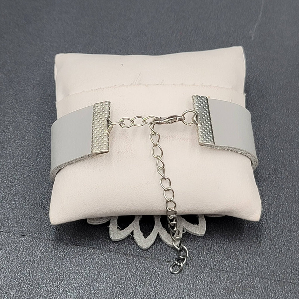 Gray Leather Bracelet Large Cut out Flower 7" + Adj
