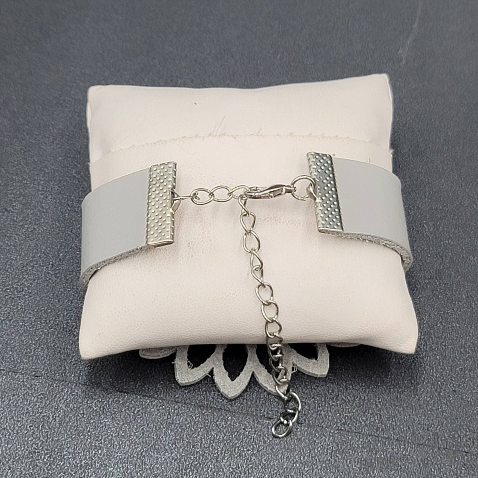Gray Leather Bracelet Large Cut out Flower 7" + Adj