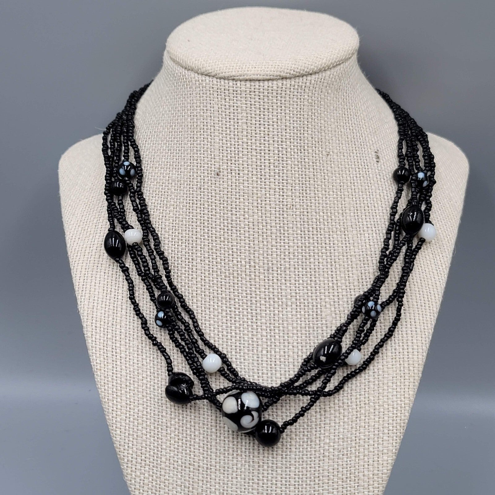 Black White Glass Seed Bead Necklace 5 Multi Strand 16"-18" Lot of 2 For Layerin