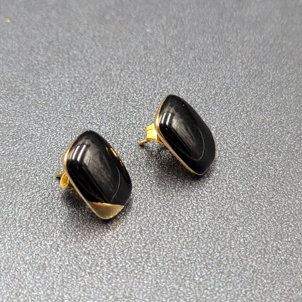 Vintage Pierced Earrings Gold Plated Black Enamel Rectangle Studs 1/2"