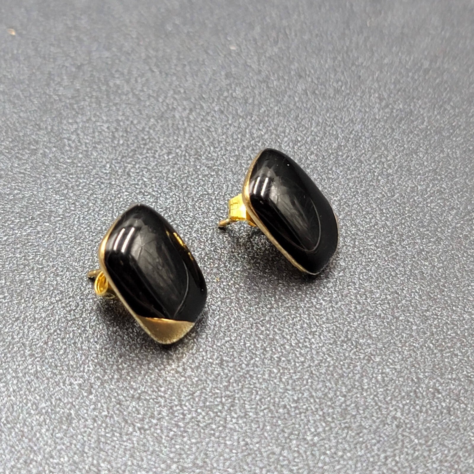 Vintage Pierced Earrings Gold Plated Black Enamel Rectangle Studs 1/2"