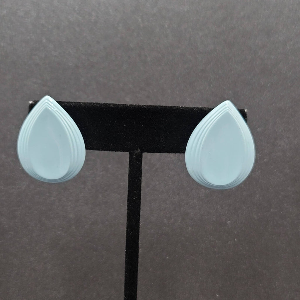 Vintage Pierced Earrings Blue Enamel over Metal Teardrop 1"