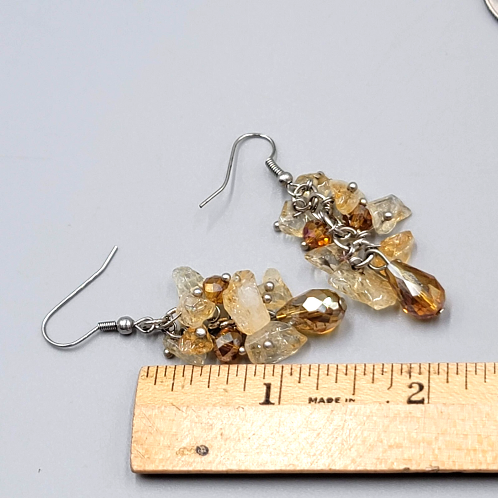 Quartz and Crystal Cluster Beads Pierced Earrings Silver tone Dangle 1.5"