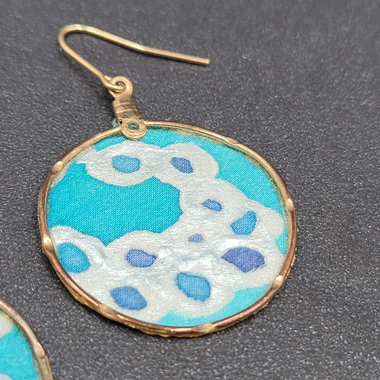 Pierced Earrings Hand Painted Silk Dangle Gold tone 1 3/8"