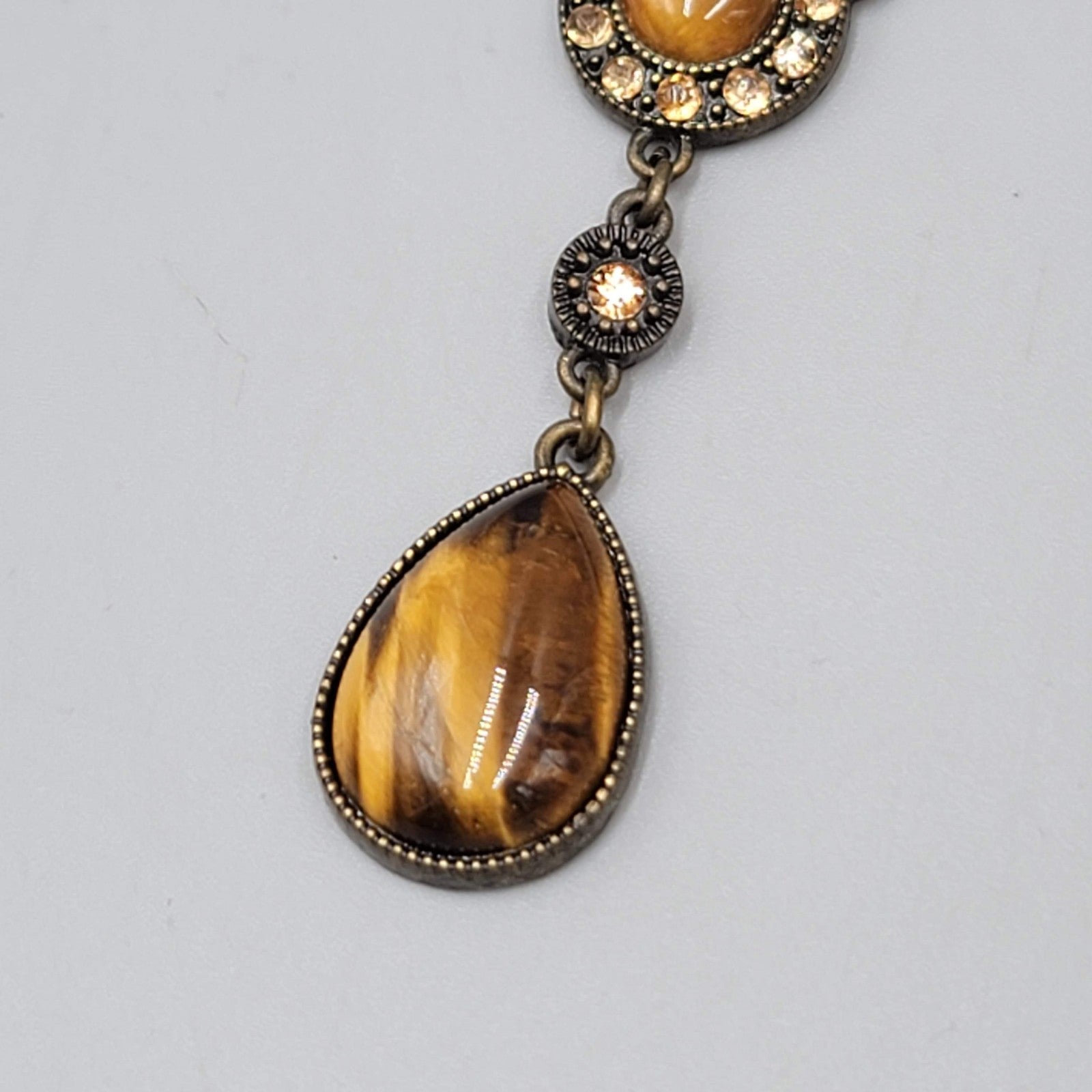 Tigers Eye Y Drop Necklace Bronze Tone Chain Pendant Crystal Accent 18"