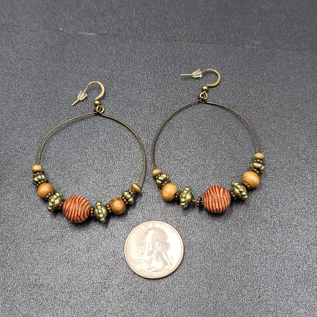 New Boho Pierced Earrings Gold tone Green Accent Wood Beaded Hoops 2"