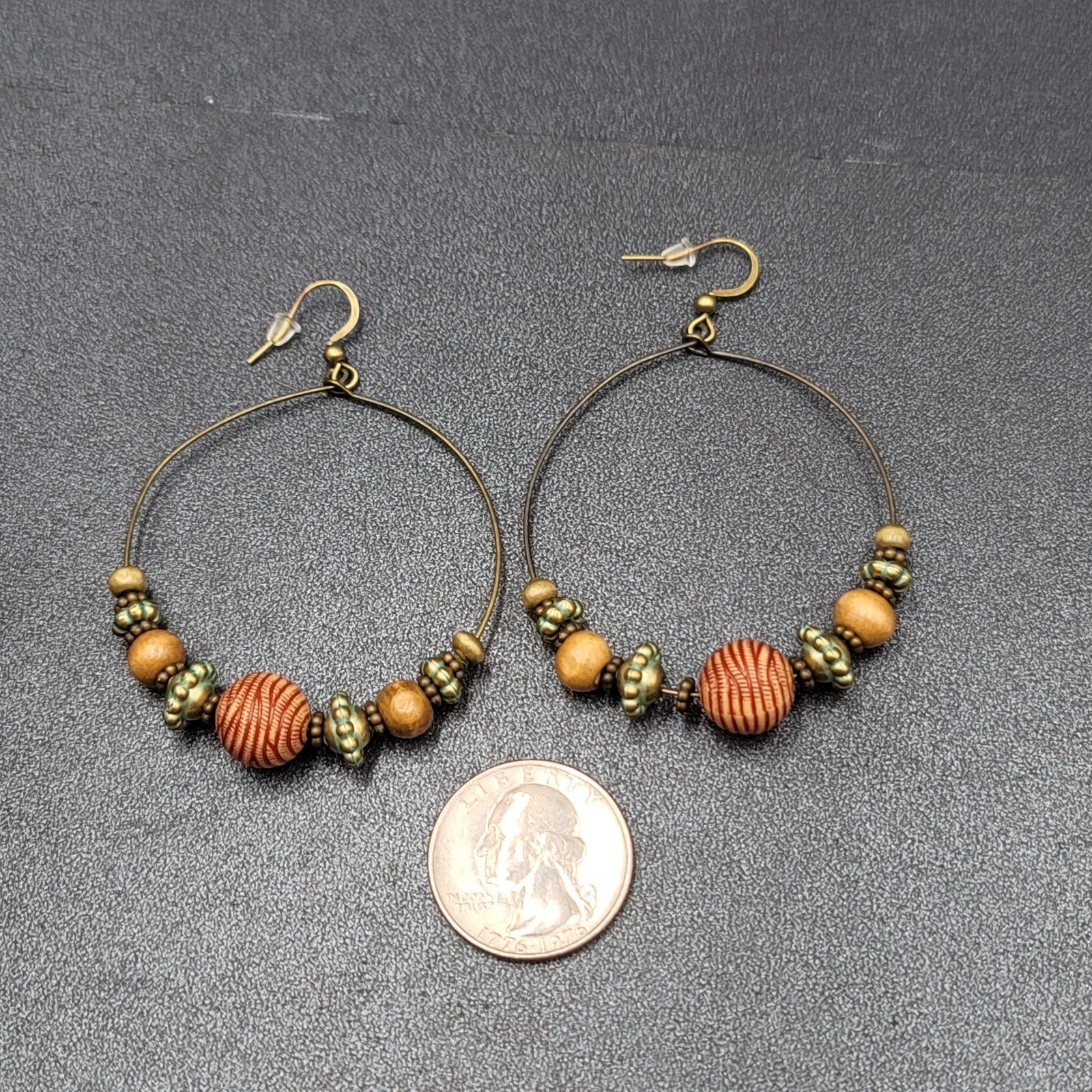 New Boho Pierced Earrings Gold tone Green Accent Wood Beaded Hoops 2"