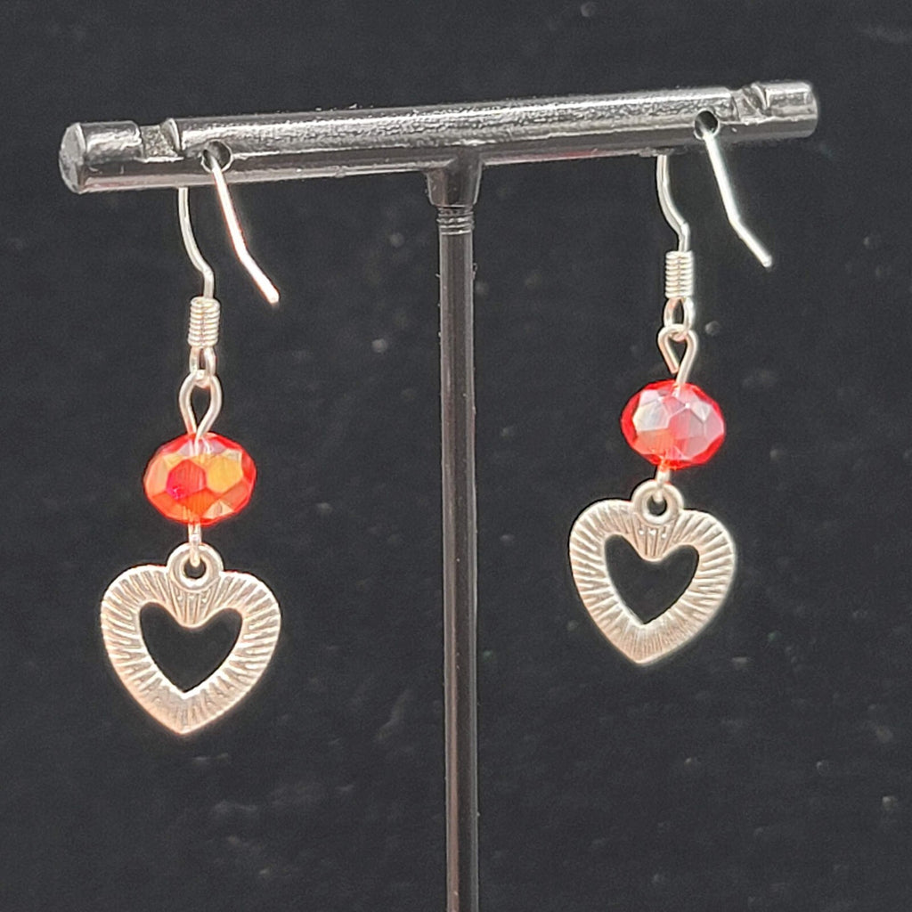 Heart Pierced Earrings Red Bead Silver tone Rhinestone Dangle 1 1/8"