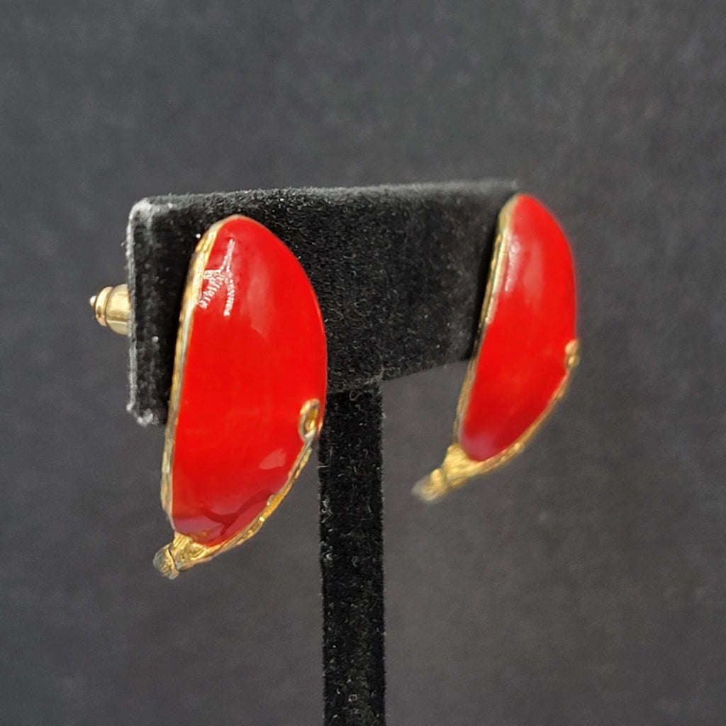 Vintage Pierced Earrings Gold tone Red Enamel Drop 1"