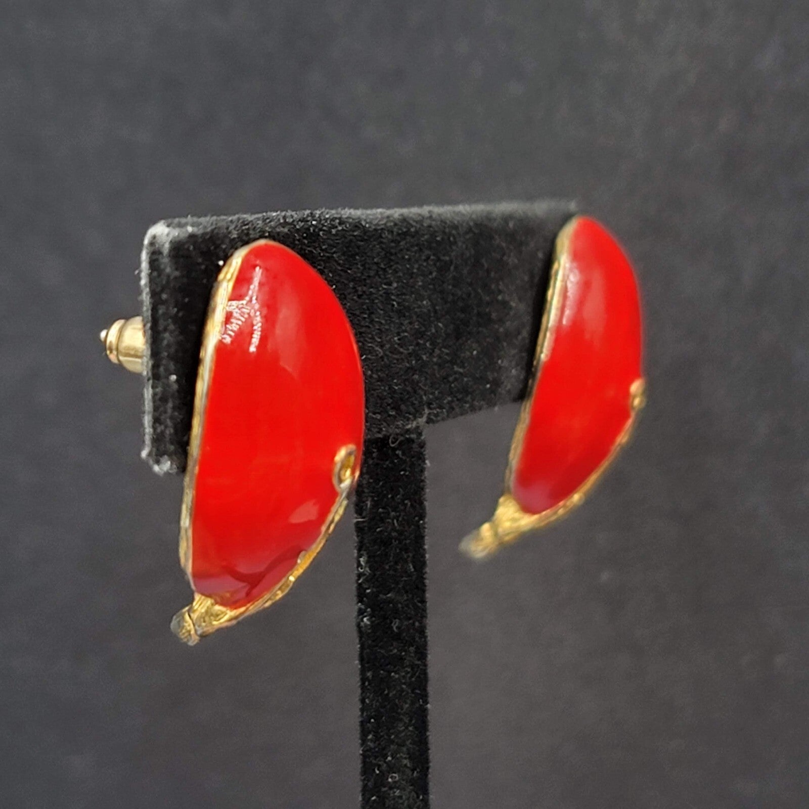 Vintage Pierced Earrings Gold tone Red Enamel Drop 1"