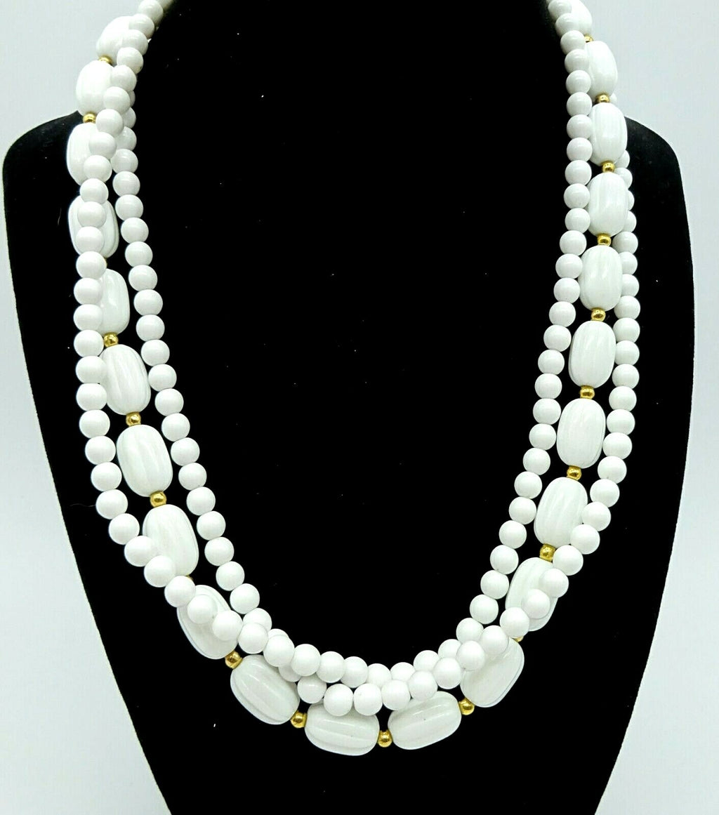Vintage Necklace White & Gold Bead Triple Strand Estate Costume Jewelry 18"
