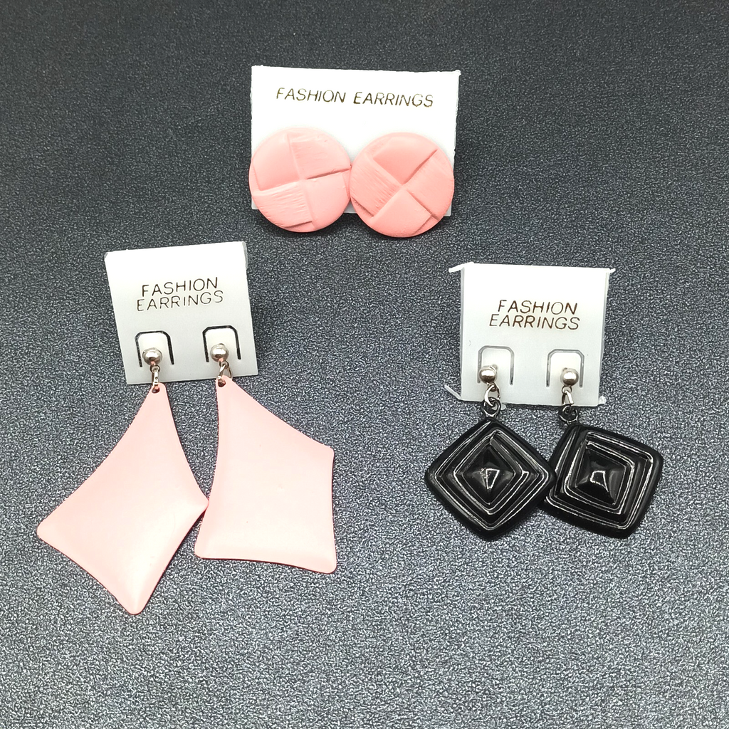 3 Pairs Vintage Pierced Earrings Pink Black Enamel Statement Dangle 80s NOS