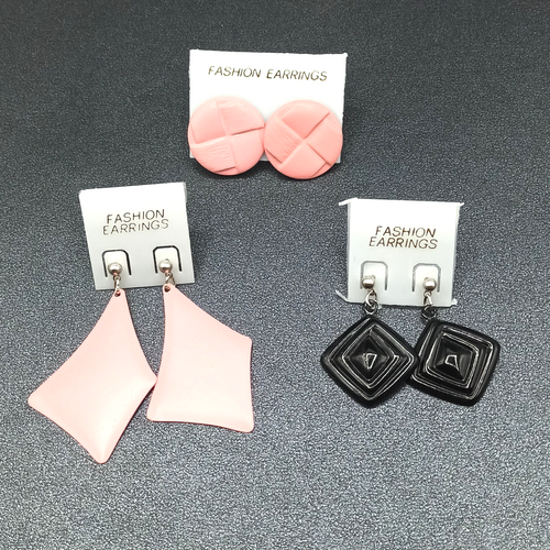 3 Pairs Vintage Pierced Earrings Pink Black Enamel Statement Dangle 80s NOS