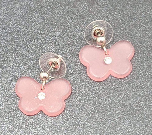Butterfly Pierced Earrings Silver tone Pink Acrylic Bead Dangle 3/4"