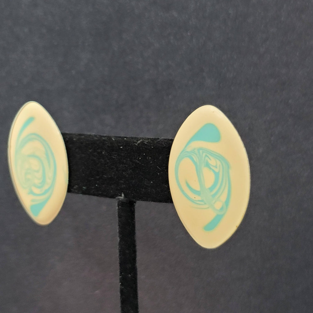 Vintage Pierced Earrings Cream Blue Swirl Enamel Drop 1 1/8"