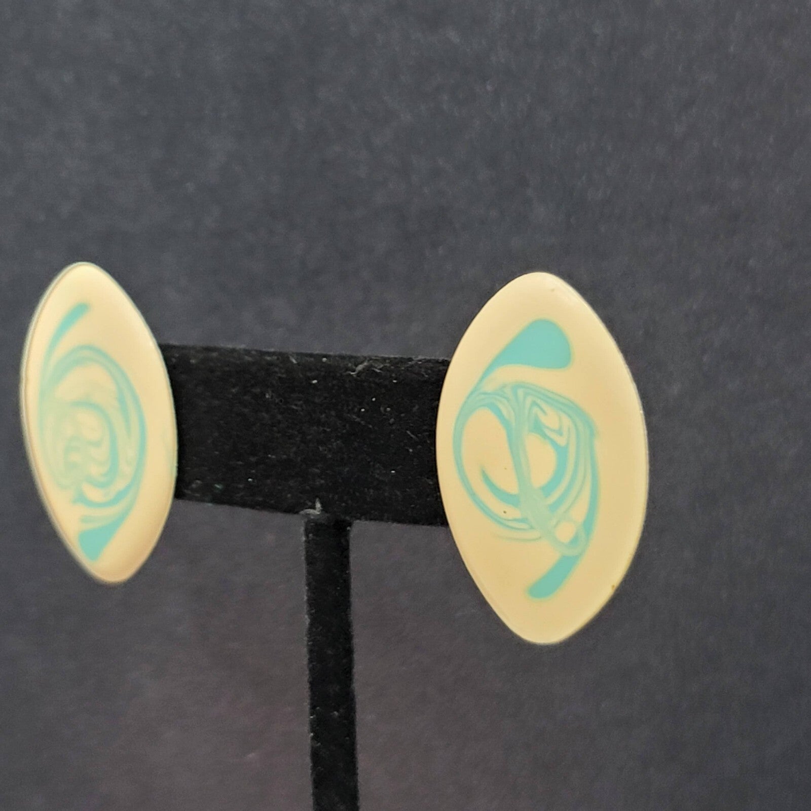 Vintage Pierced Earrings Cream Blue Swirl Enamel Drop 1 1/8"