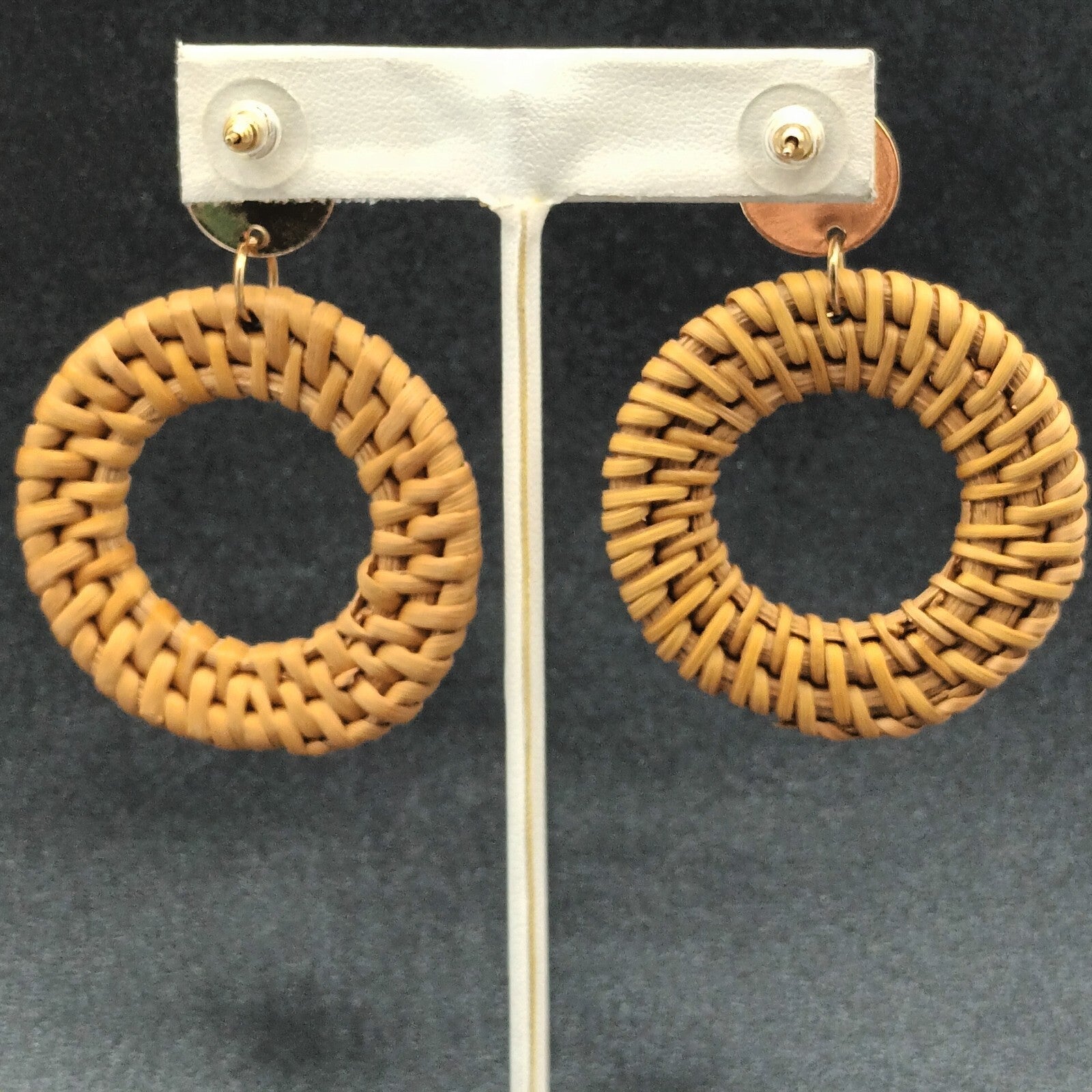 Boho Pierced Earrings Gold tone Rattan Ring Statement Dangle 2 1/2"