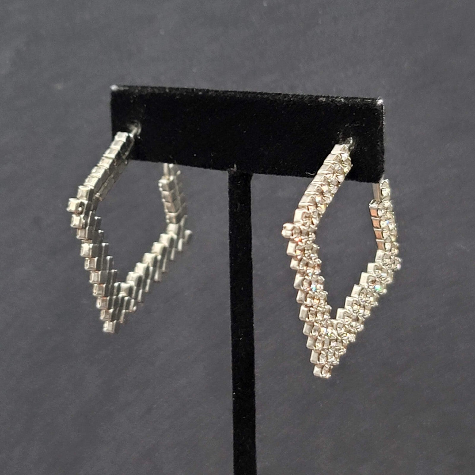 Pierced Earrings Rhinestone Square Hoops Silver tone 1.25"