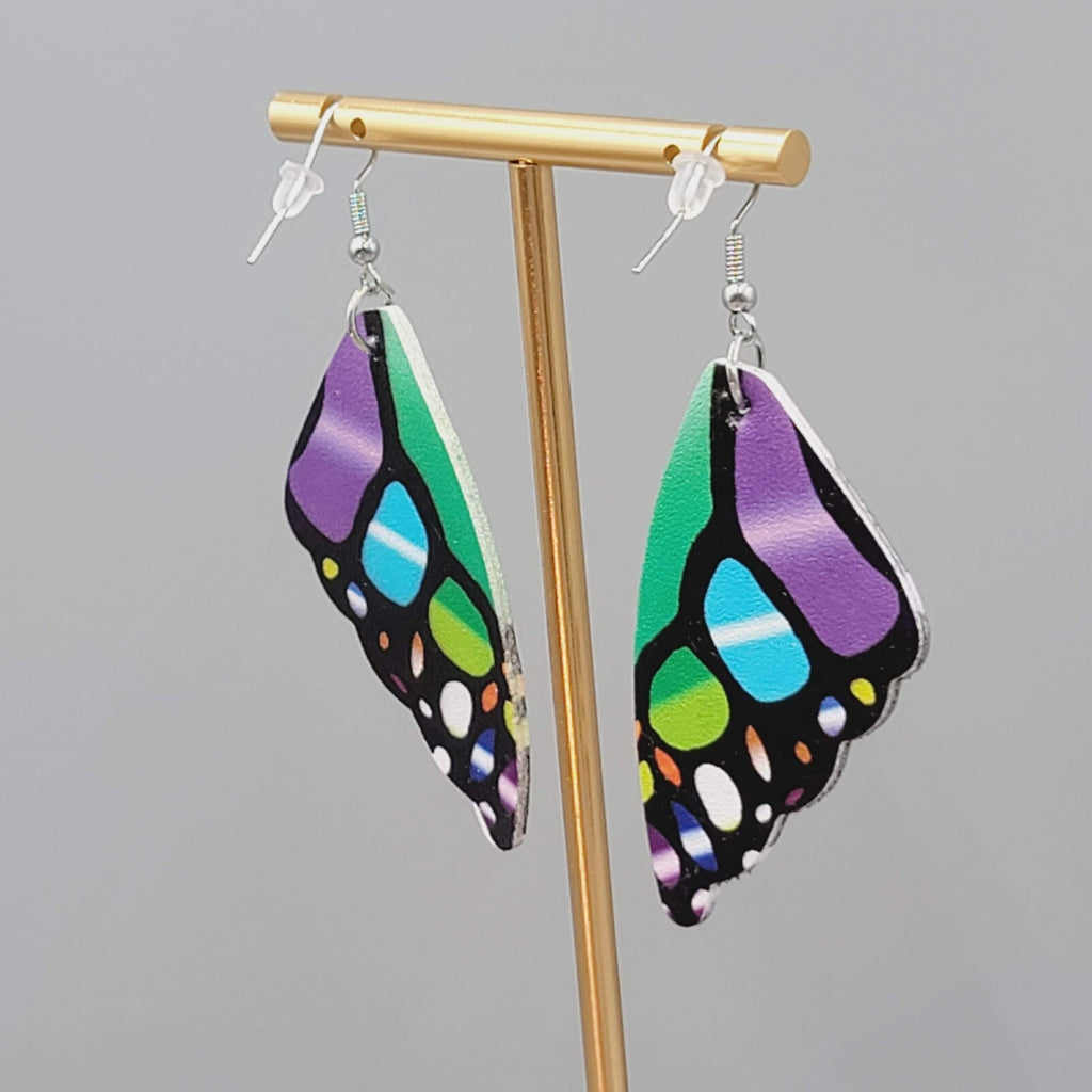 Butterfly Wing Pierced Earrings Multicolor Statement Dangle 2.25"